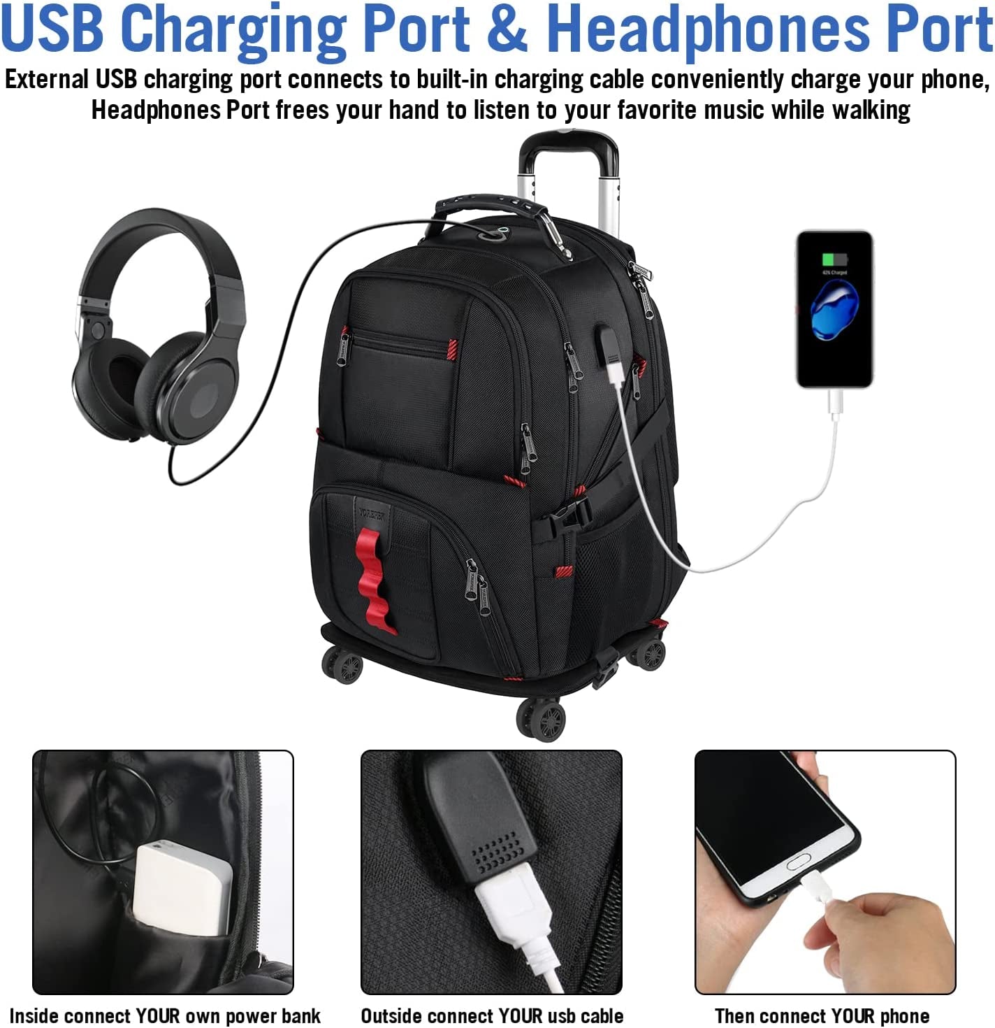 Rolling Backpack with Wheels, Backpack on Wheels for Adults with USB Charging