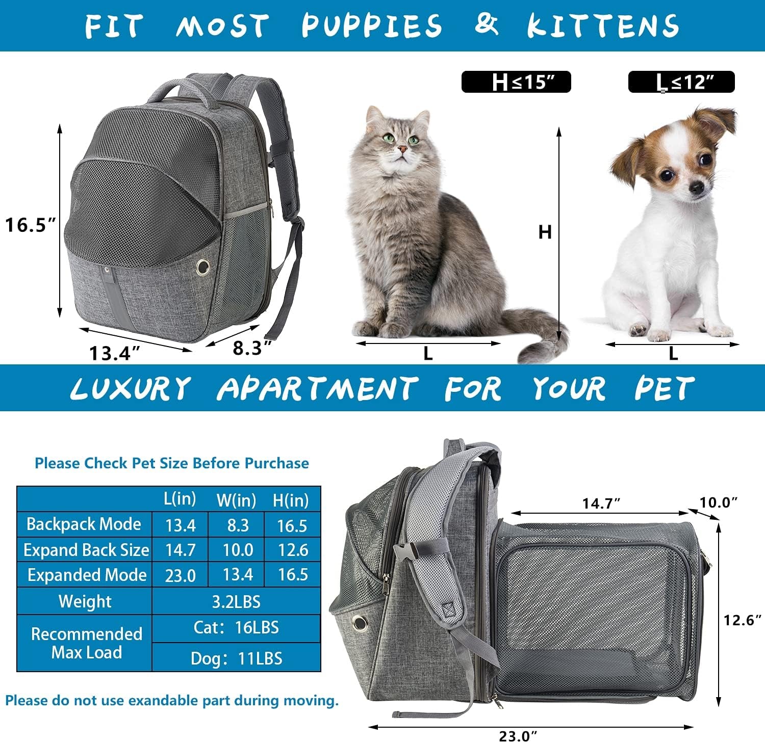 Cat Backpack Expandable - Pet Carrier Backpack - Cat Carrier Backpacks for Large Cats 20Lbs, Puppy Pet Backpack Carrier for Small Dogs, Airline Cat Travel Backpack Hiking Breathable Mesh