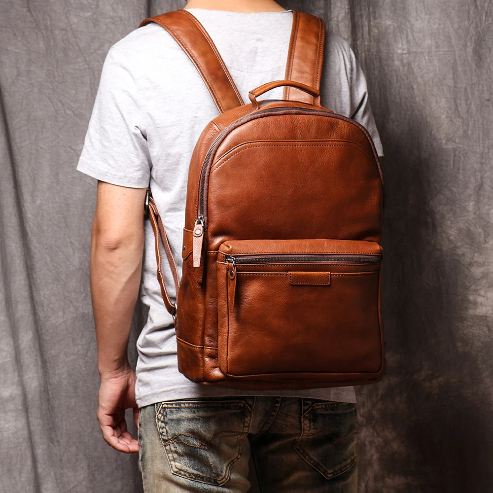 Genuine Leather Men Backpack 14 Inch Laptop Backpack Travel School Backpack Male Fashion Backpack Brown Cowhide Backpack