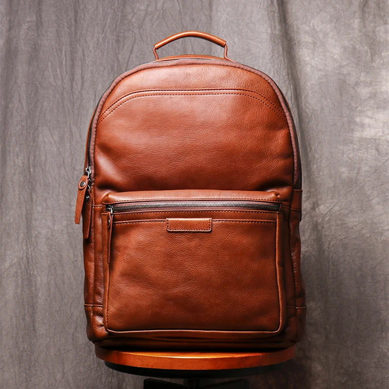 Genuine Leather Men Backpack 14 Inch Laptop Backpack Travel School Backpack Male Fashion Backpack Brown Cowhide Backpack