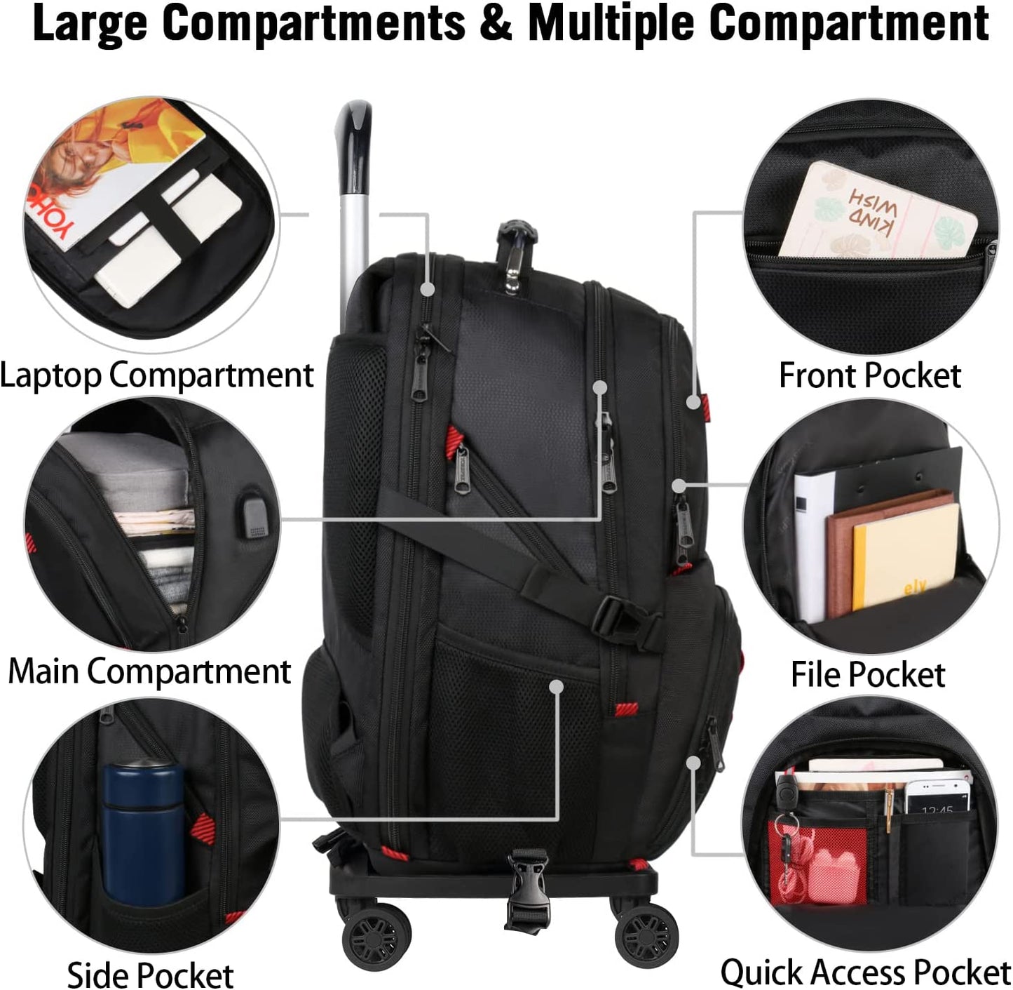 Rolling Backpack with Wheels, Backpack on Wheels for Adults with USB Charging