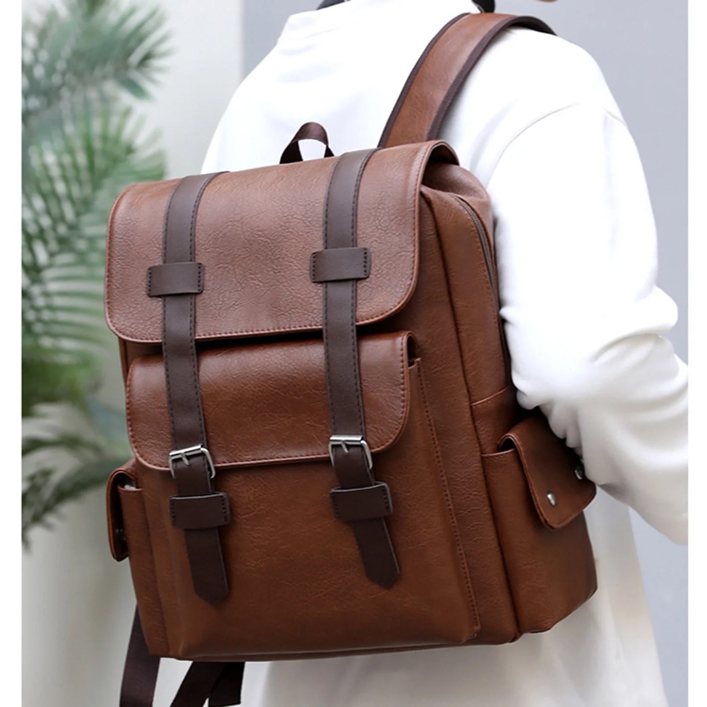 Brown Leather Laptop Backpack for Men, Work Business Travel Office Backpack College Bookbag, Casual Waterproof Computer Backpack Fits Notebook 15.6 Inch