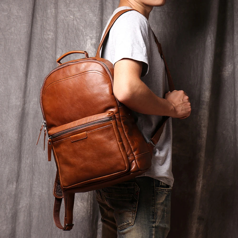 Genuine Leather Men Backpack 14 Inch Laptop Backpack Travel School Backpack Male Fashion Backpack Brown Cowhide Backpack