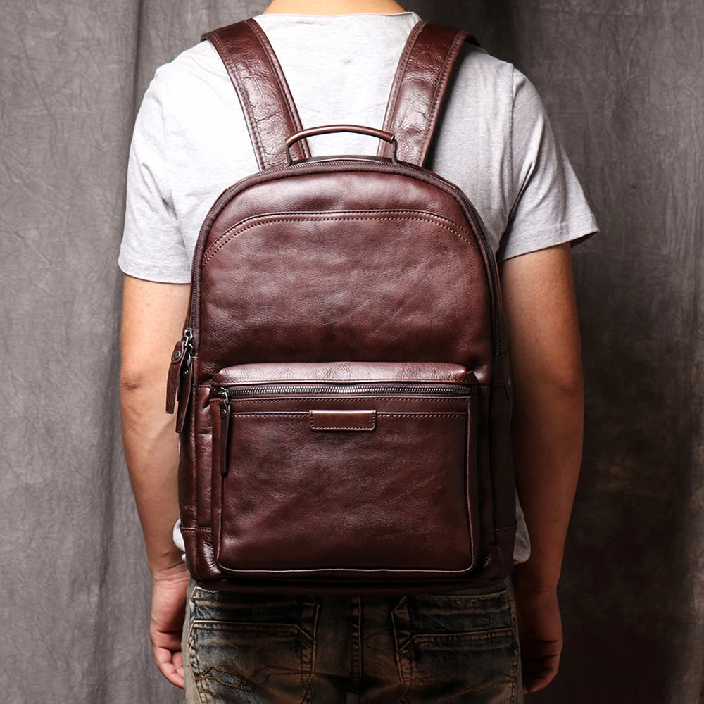 Genuine Leather Men Backpack 14 Inch Laptop Backpack Travel School Backpack Male Fashion Backpack Brown Cowhide Backpack