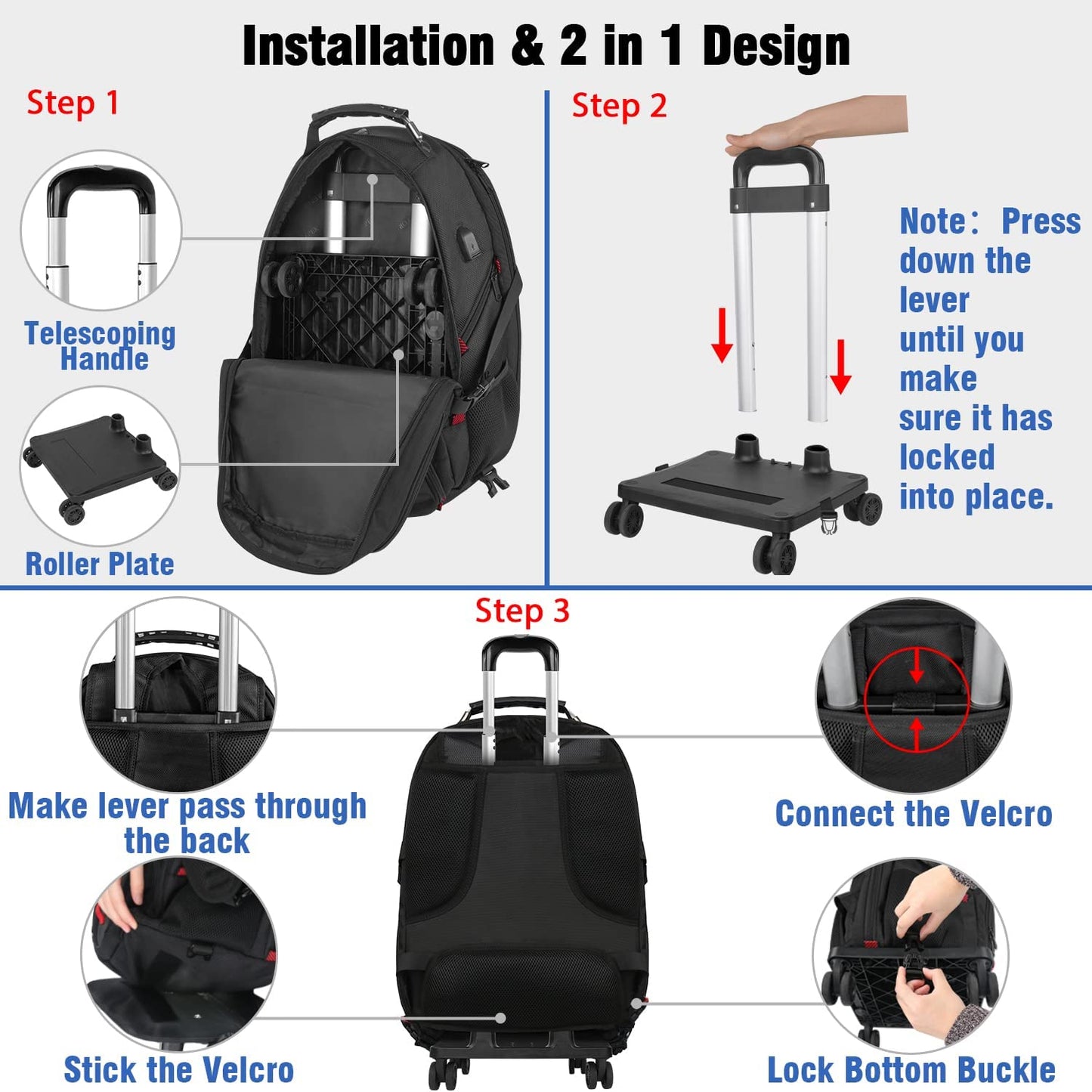 Rolling Backpack with Wheels, Backpack on Wheels for Adults with USB Charging