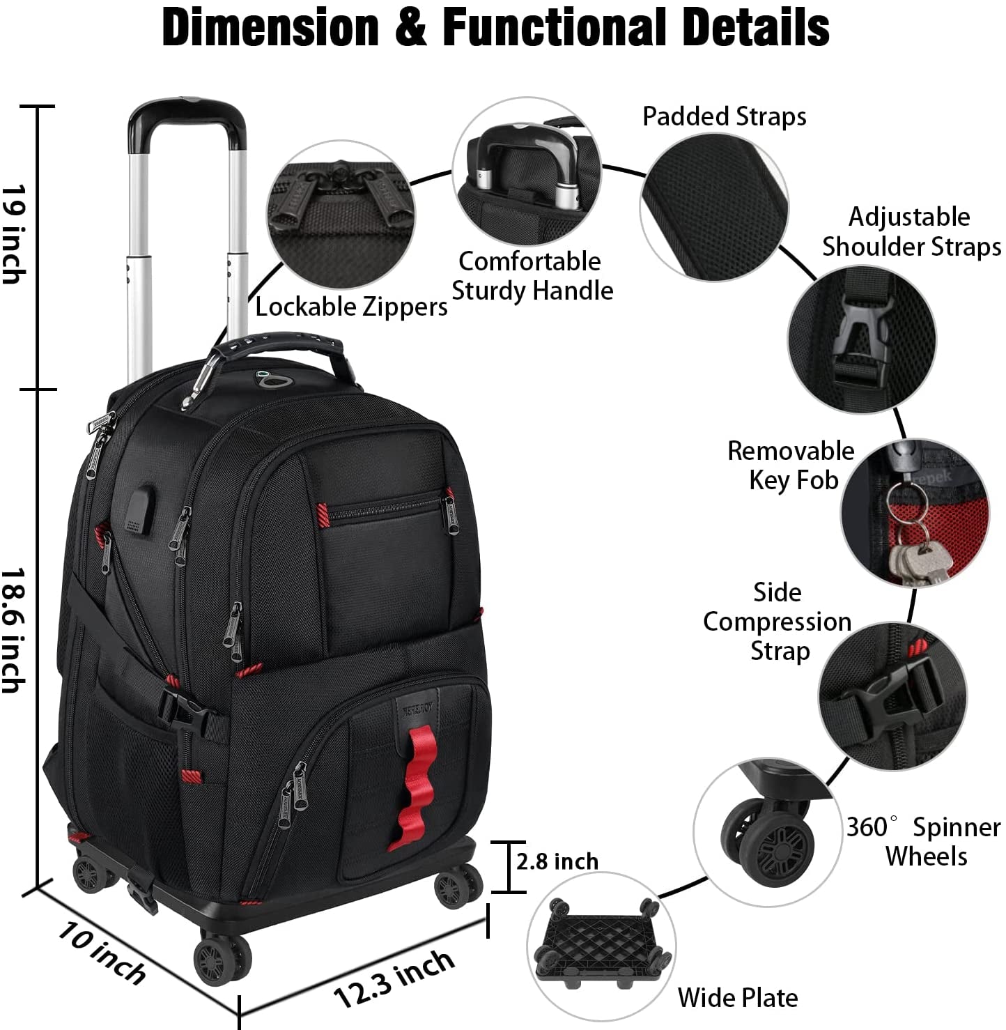 Rolling Backpack with Wheels, Backpack on Wheels for Adults with USB Charging