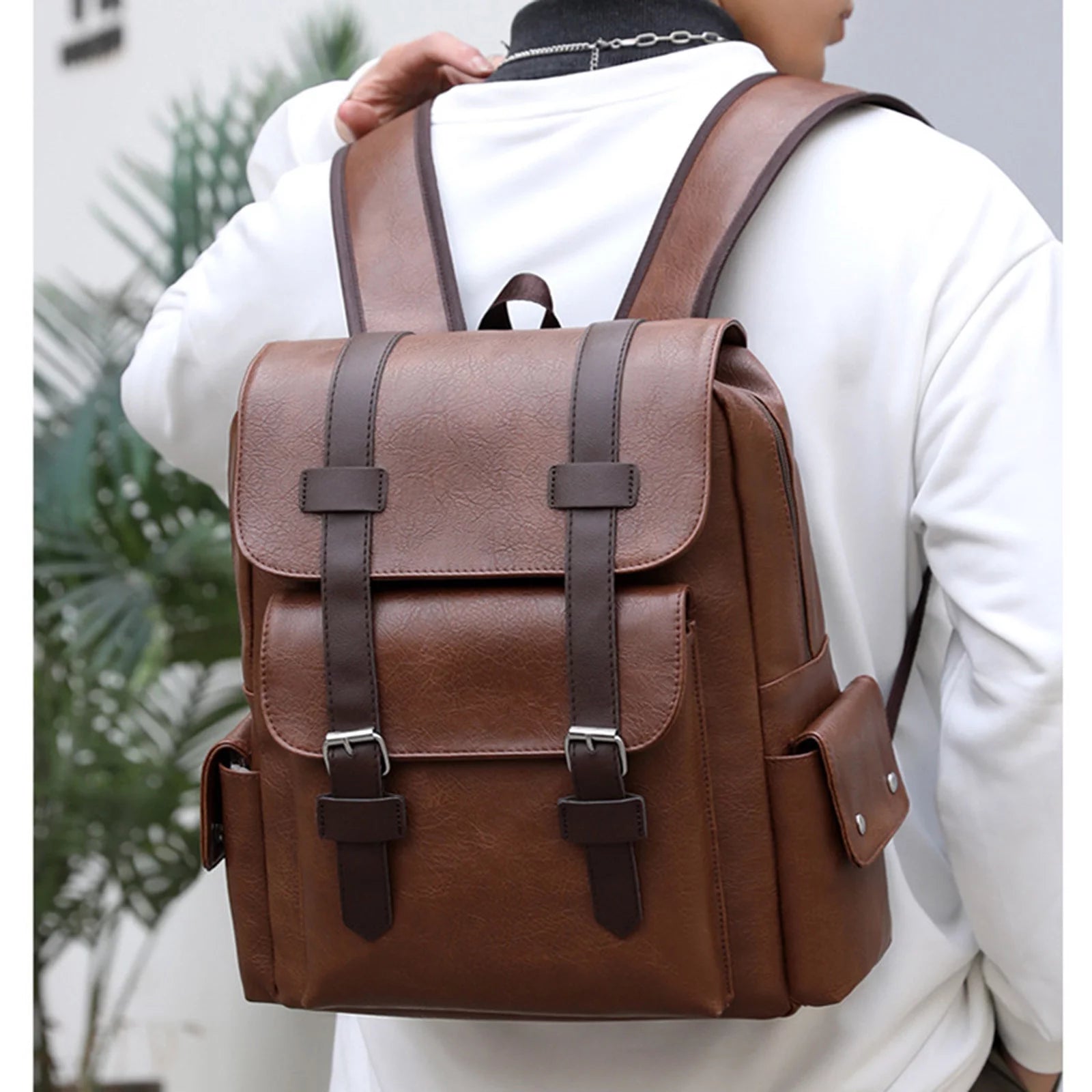 Brown Leather Laptop Backpack for Men, Work Business Travel Office Backpack College Bookbag, Casual Waterproof Computer Backpack Fits Notebook 15.6 Inch